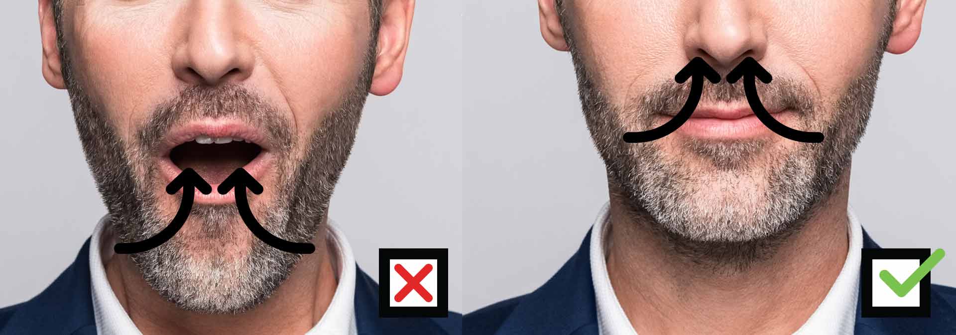 Middle Aged Man Incorrectly Breathing Through Mouth Compared to Man Breathing Correctly Through his Nose-1920x673