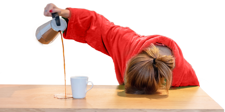 Lady Tired in the Morning from Bad Sleep Pouring Coffee On Table