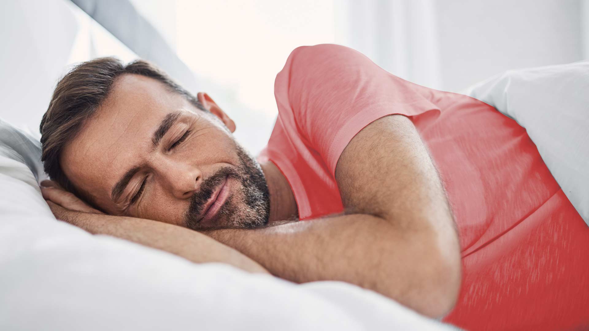 Middle Aged White Man Sleeping in Bed Peacfully with no Sleep or Sinus Issues
